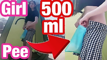 Girl's outdoor handjob & pee standing with 500ml portable toilet - Japanese pissing, amateur,slender