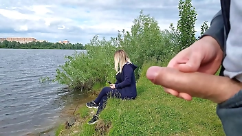 The exhibitionist man saw a lonely girl in nature and took out his dick in front of her and began to masturbate the dick in front unfamiliar beauty, he risks scaring her, but she likes to look at a big male dick and wants to see his cumshot