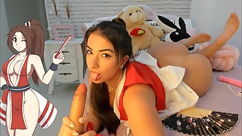 Mai Shiranui cosplay wheel of sex game playing with her hitachi vibrator and cumming so hard