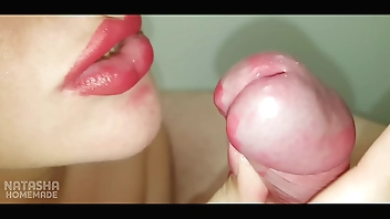 CLOSE UP red big LIPS cum in mouth