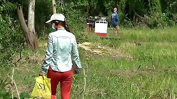 quay lén cặp mong chị hàng xóm ra đồng cắt lúa