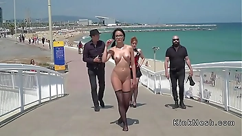 Naked in fishnets slut in public
