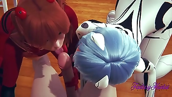 Evangelion Hentai 3D - Threesome Shinji, Asuka and Rei in Shinji's Room they suck Shinji's dick until he cums in her mouth then he eats their pussy and fucks them