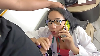 Stepmom Doctor Talking on the Phone with her Husband while Deepthroating her Perverted Stepson