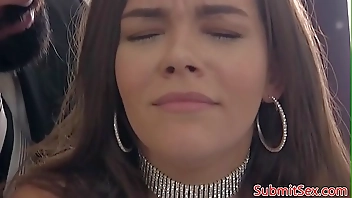 Busty bondage sub tied to couch for fucking