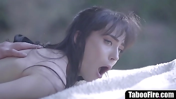 Brunette teen anal fucked by boyfriend's stepdad outdoors