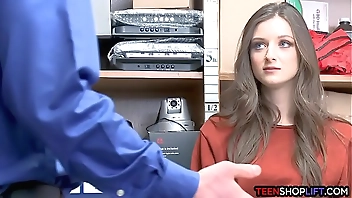 Pretty brunette teen caught shoplifting by a mall cop