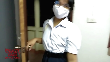 Asian teen sex with his girlfriend wear thai student uniform