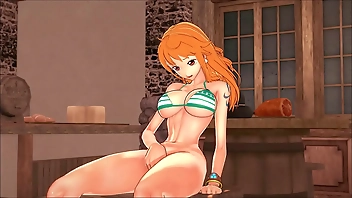 The cute pirate Nami fingers her pussy in a bar - One Piece Hentai.