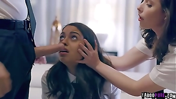 Virgin babe Casey Calvert invited by her classmate Vienna Black and tricked into sex with her stepbro Justin Hunt and started a 3some.