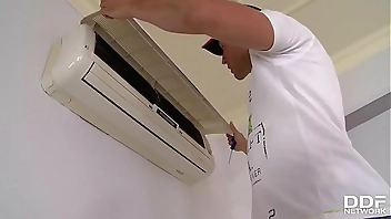 Super Hot slutty roommates share repairmans Fat Cock