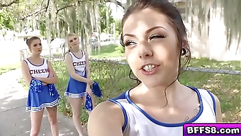 Hot cheerleaders group fuck with their horny coach