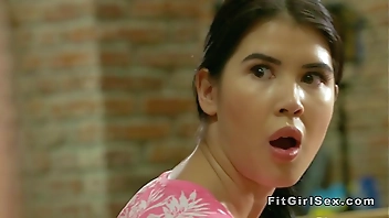 Blonde teen fucking couch in the gym