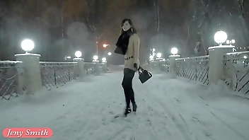 Jeny Smith naked in snow fall walking through the city