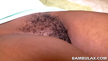 Black hairy pussy fucked and filled by a big white cock and a sticky semen