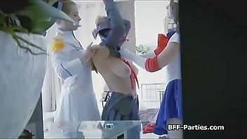 Spying on three nude cosplay babes