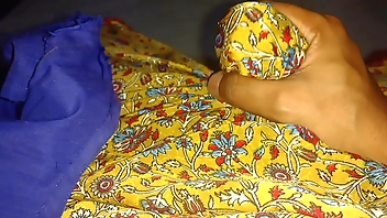 Cumshot in maid's satin saree and blouse