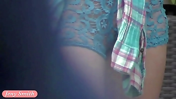 Jeny Smith walks in public with transparent shorts. Real flashing moments