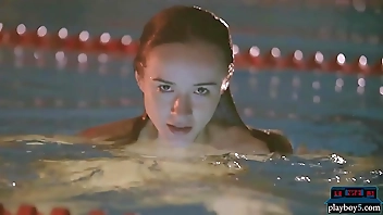 Petite teen hottie Vi Shy skinny dips in a pool late night