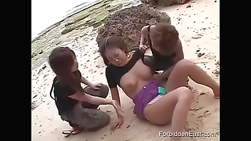Asian Lesbian Threesome BDSM Exploration On Beach In Public